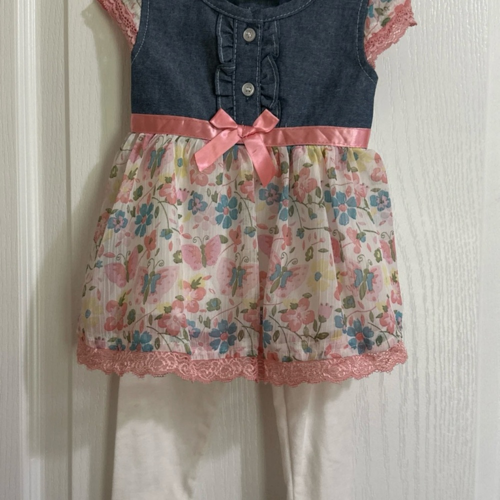 12 Mo Baby Girl 2-Pc Legging Outfit Pink White & Denim NEW